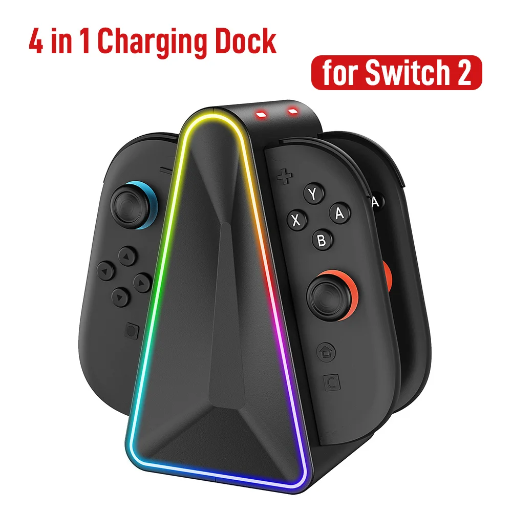 

4 in 1 Charger Dock for N-S 2 Gamepad with 4 Slot Fast Charge,Type-C Power&9 RGB Light Modes, Real-Time Status LED