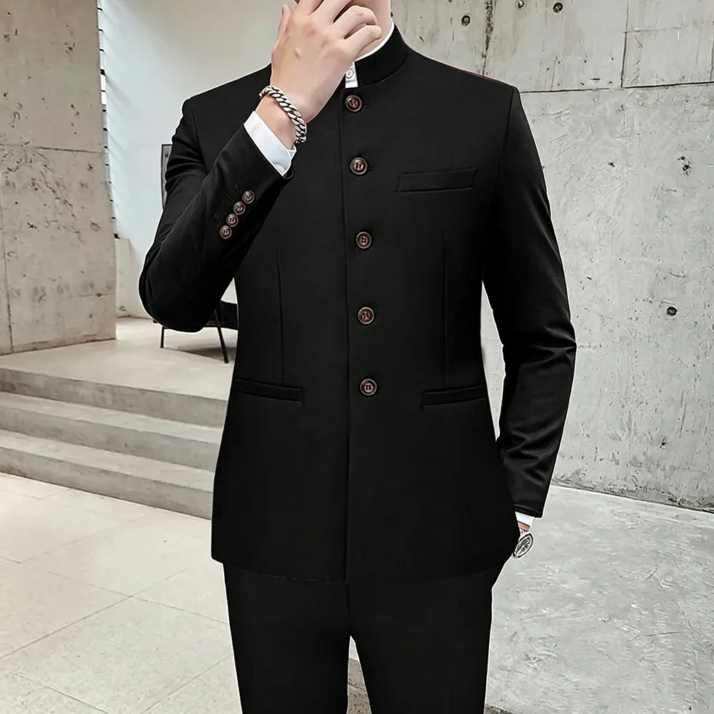 Fashion Black 2 Piece Suits for Men Groom Wedding Tuxedos Stand Collar Business Formal Party Male Blazer Pants Costume Homme