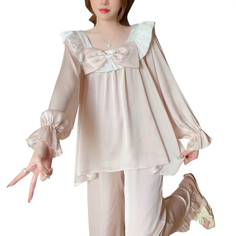 

Women's Spring and Autumn Long Sleeves Loose Plus Size High-end Bow Loungewear Sweet Princess Style Set 145KG Large Size Pajamas