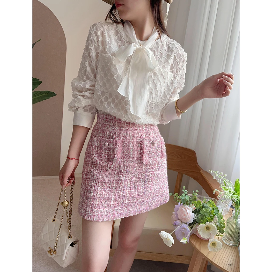 

Ele Spring Summer Plaid Long Sve Thin irt Women's Knot Bow Tie Flower Pattern Loose Fit French Sle