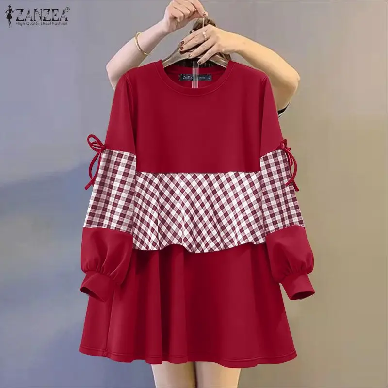 

ZANZEA, осенние женские пуловеры, толстовки в стиле пэчворк, клетчатые длинные толстовки, повседневные топы с длинными рукавами, свободный свитшот с круглым вырезом, рабочая одежда