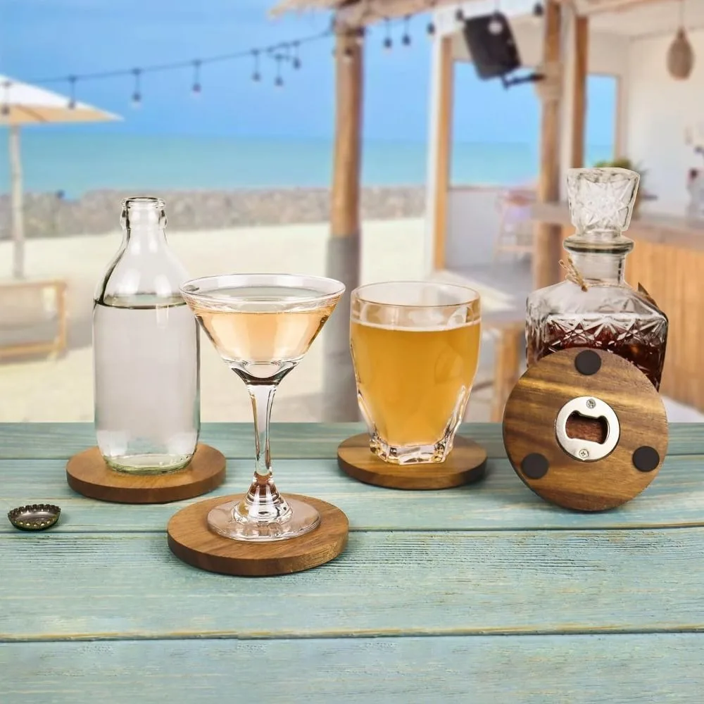 6PCS 2 in 1 Wood Coaster with Bottle Opener Non-Slip Round Insulated Cup Pad with Storage Rack Party Cup Mat Set