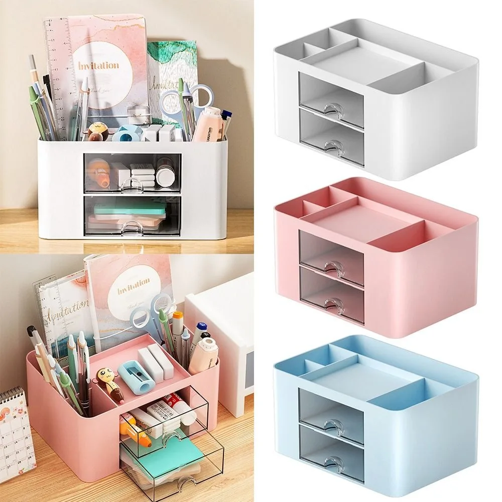 Large Capacity Stationery Storage Box PSHIPS Multifunction Desktop Storage Case With Drawers Solid Color Desk Organizer