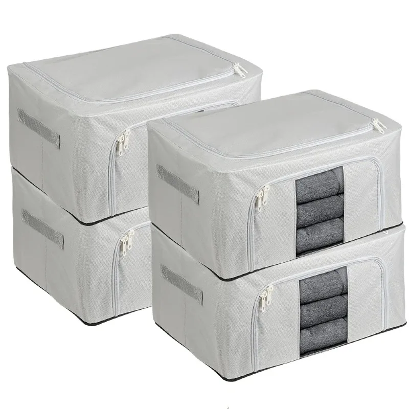 66L Clothes Storage Bag with Metal Frame Clothing Organizer Oxford Foldable Pillow Quilt Blanket Dustproof Organizer 4Pcs