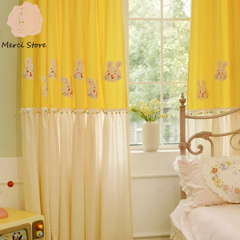 

Original Rabbit Embroidery Heavy Duty Retro Fun Cute Curtains for Childrens Room Bedroom Custom Size Blackout Window Drapes