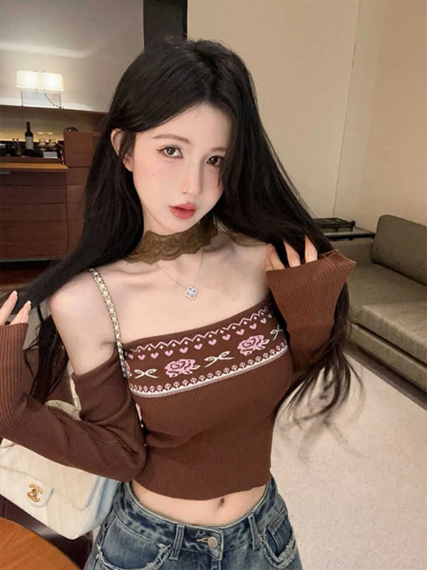 Women Black Gothic Long Sleeve Sweater Vintage Y2k Gyaru Knit Base Top Off Shoulder Strapless Halter  Sweater Autumn Winter 2026