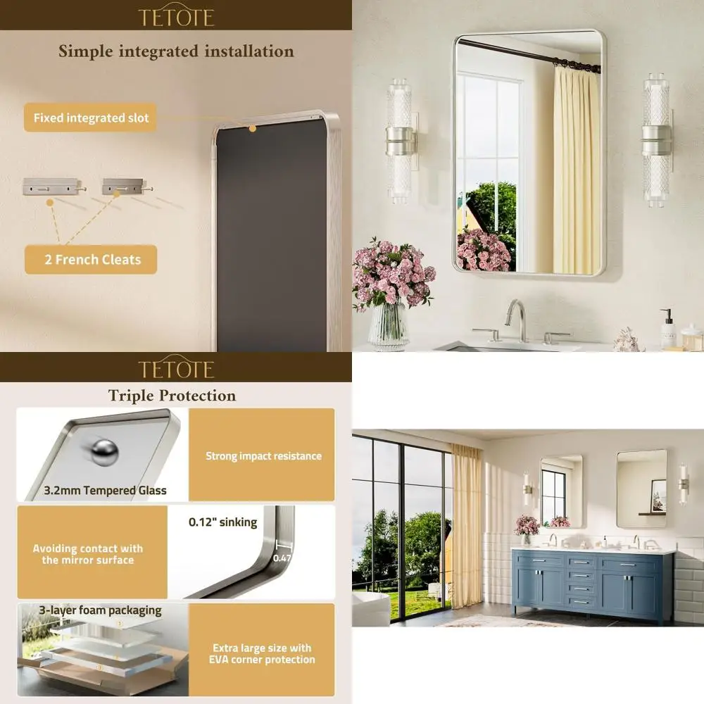 

20x30 Inch Brushed Nickel Wall Mount Mirror with Tempered Glass for Bathroom, Suitable for Horizontal or Vertical Placement