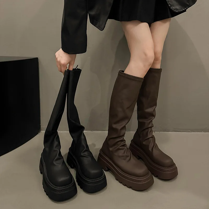

Long Boot Women2026Autumn/Winter New Thick-soled High Top Slimming Pile Boots Petite Fashionable and Simple Long Top Knight Boot