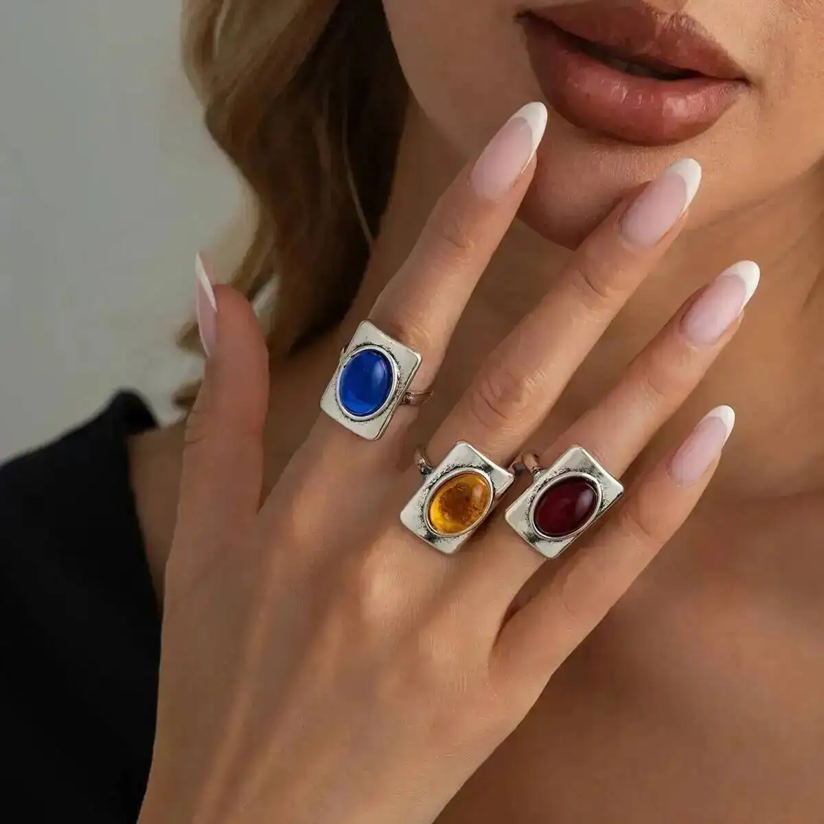 SHIXIN 3Pcs/Set Vintage Colorful Resin Open Rings Women Punk Gold Color Geometric Metal Square Finger Ring Couple Jewelry Gift