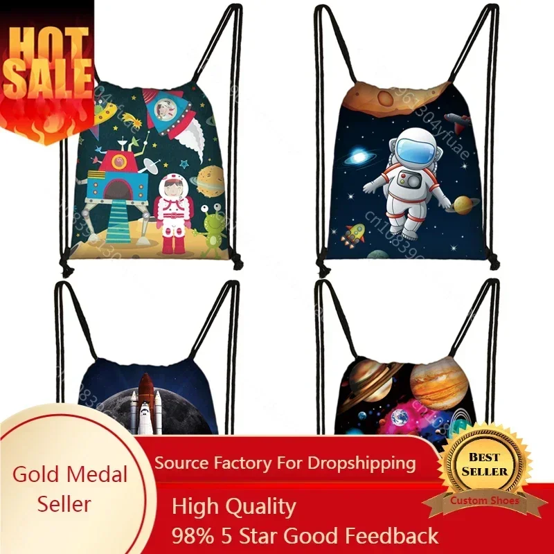 Astronaut Rocket Spaceship Drawstring Bag Teenager Boys Girls Storage Bag Galaxy Travel Backpack Kids Bookbag Shopping Bags Gift