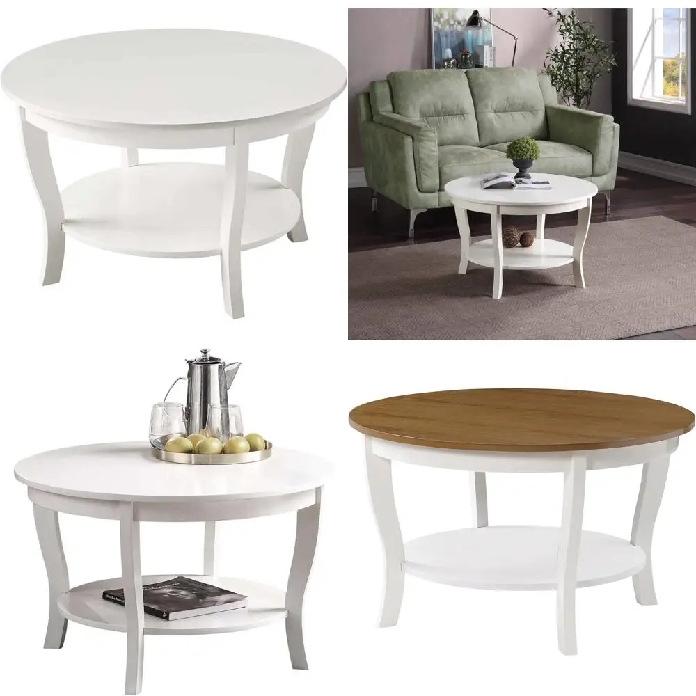 

Round Coffee Table with Storage Shelf - Classic Living Room Furniture, Traditional Style