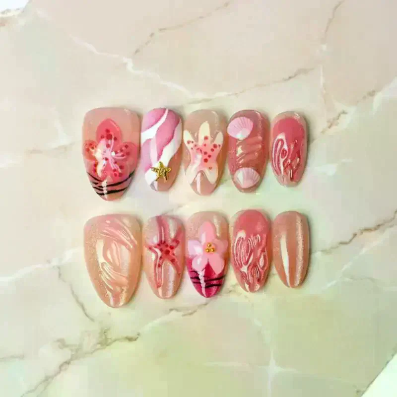 10Pcs Pink Press On Nails With 3D Ocean Starfish Shell Design And Strong Glue Perfect For Summer Beach Trips Vacation Parties