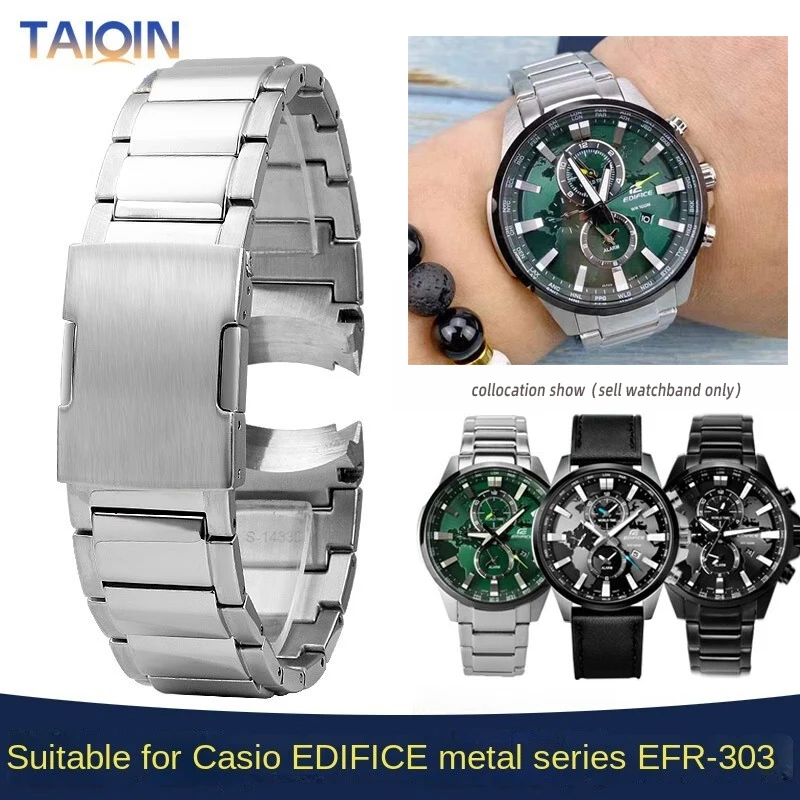 

Curved end stainless steel watchband 22mm For Casio EFR-303DB/EFR-303L metal watch chain Green water Ghost men strap accessories