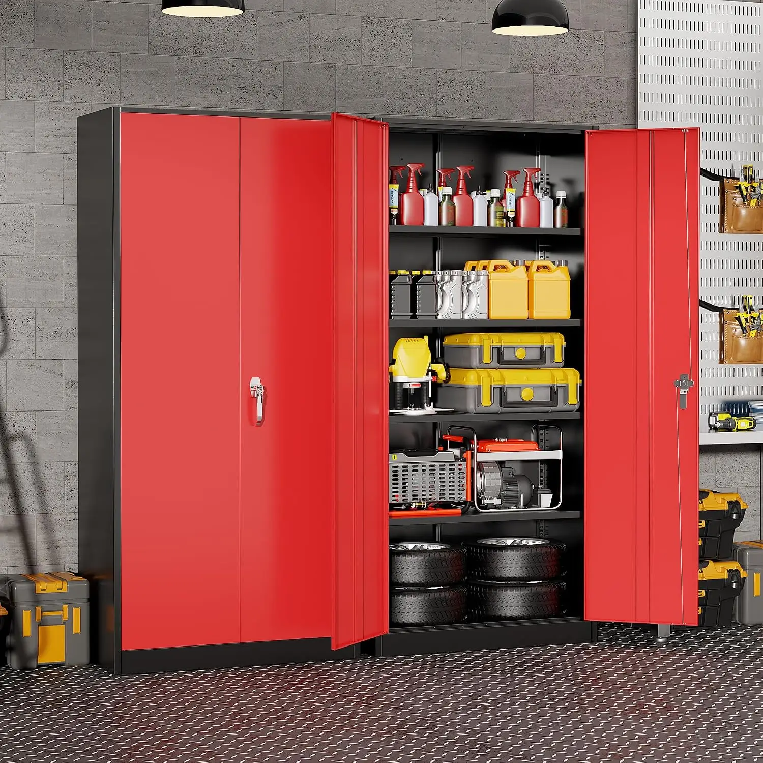 Heavy Duty Metal Garage Storage Cabinet, Steel Locking Utility Closet with 2 Doors and 5 Adjustable Shelves for Home Office Workshop Tools Organization, Black view 2