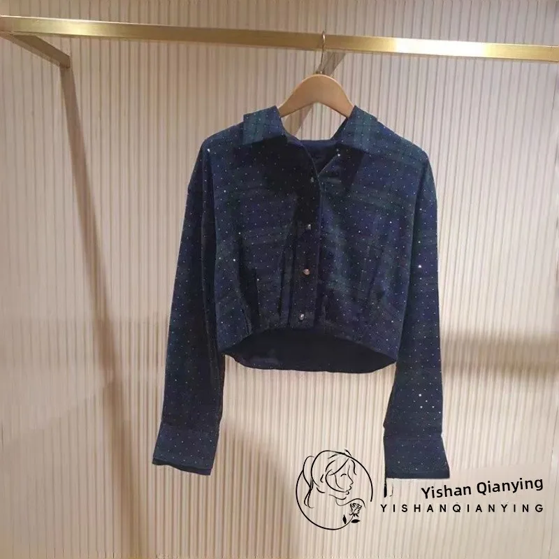 

Блузка ort irt с тяжелым дизайном со стразами, юбка в клетку в стиле ретро для женщин, осенне-зимняя новинка A...