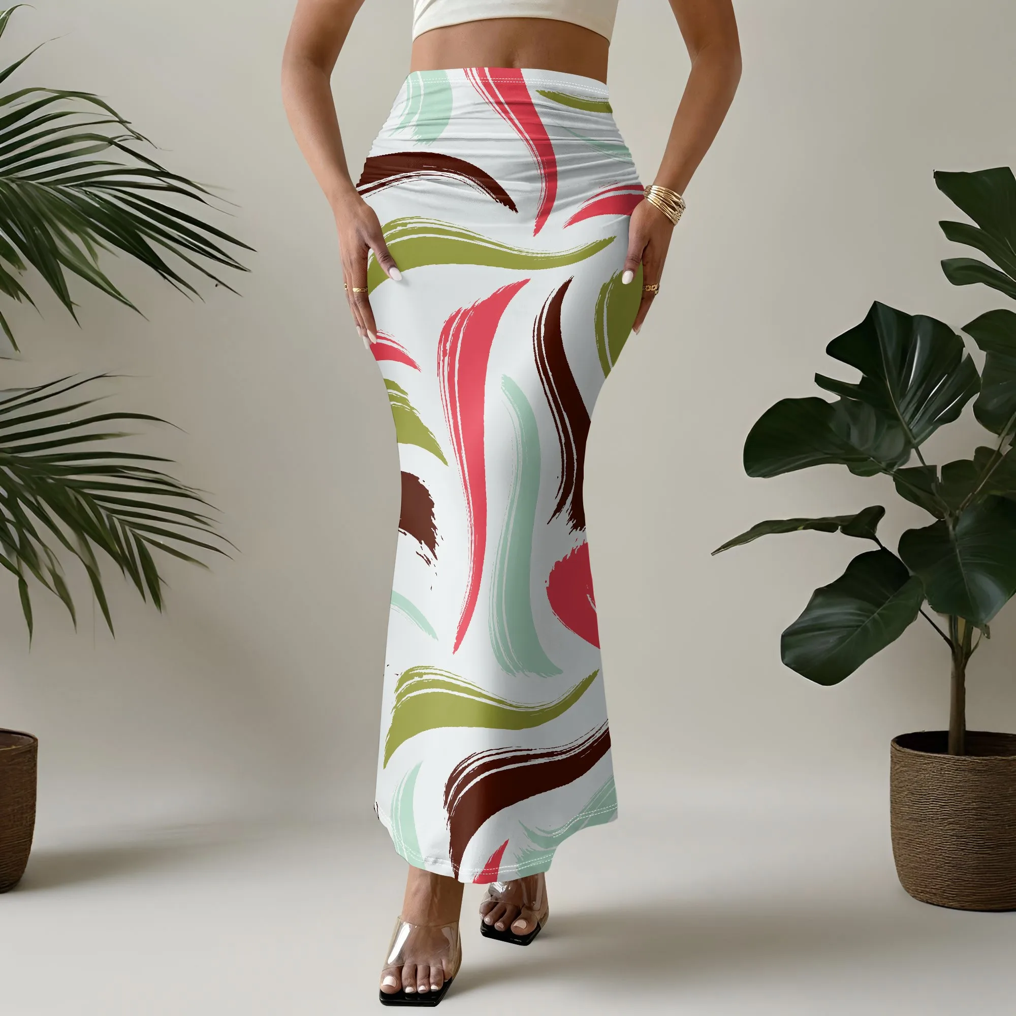 Abstract Brushstroke Print Mermaid Skirt, Artistic Pattern Midi Skirt, Stretchy Bodycon Skirt, Women's Casual Party Wear, S-2XL