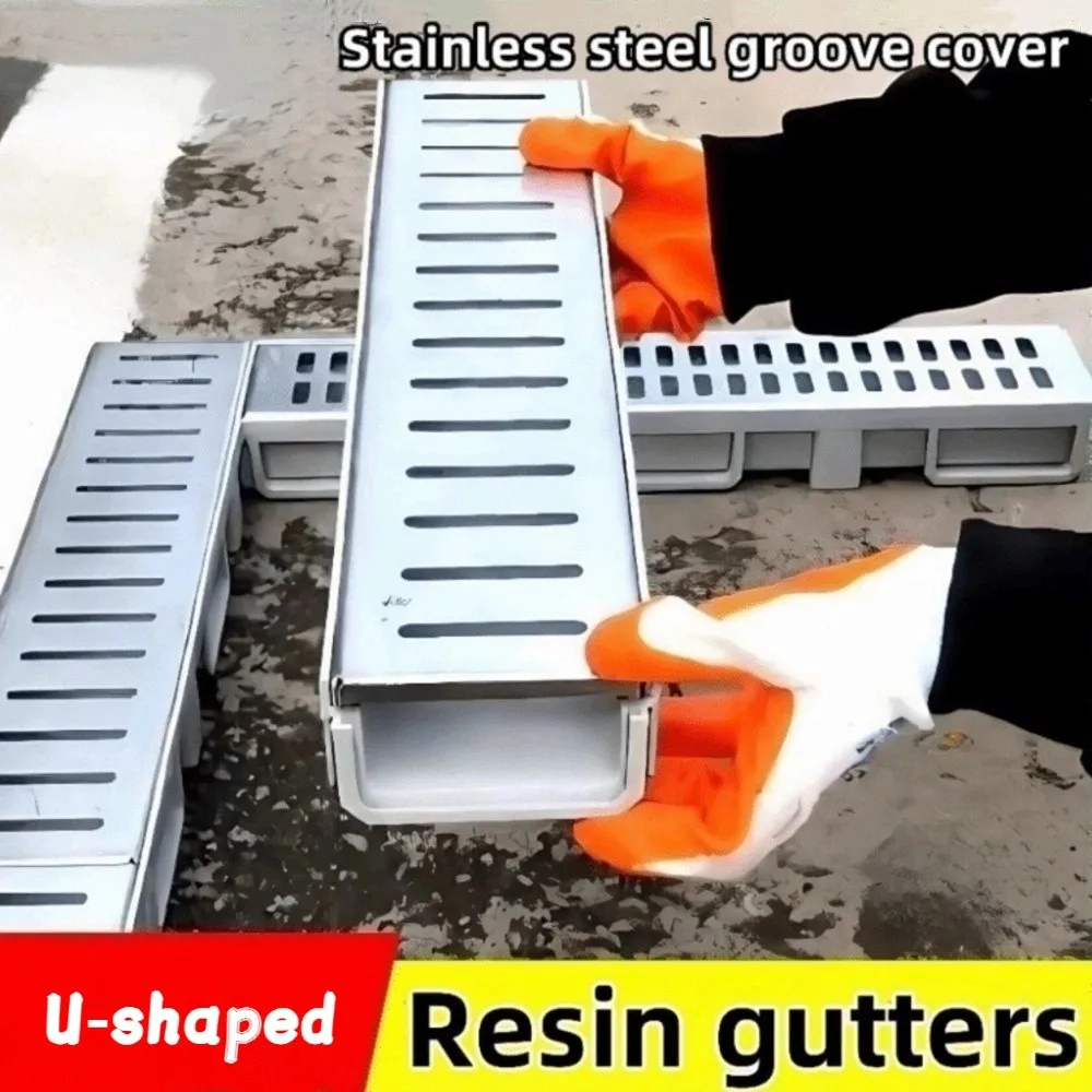 Resin Drainage Gutter Heavy Duty U-shaped Groove Finished Drainage Ditch Single Row Grate Stainless Steel Cover Linear Drain