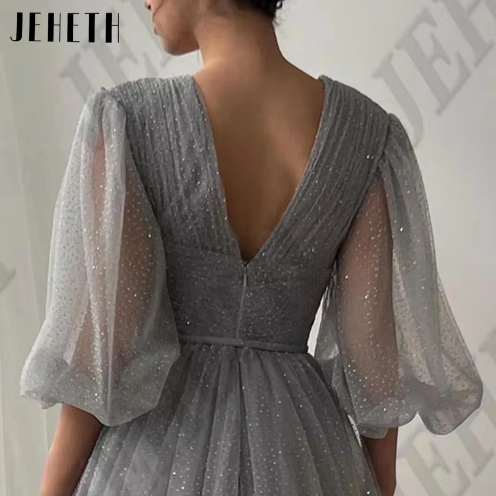 JEHETH Glitter Tulle Long Prom Dresses Puff Sleeve V-Neck Evening Gowns Women Formal Party Event Birthday Dress Customized 5