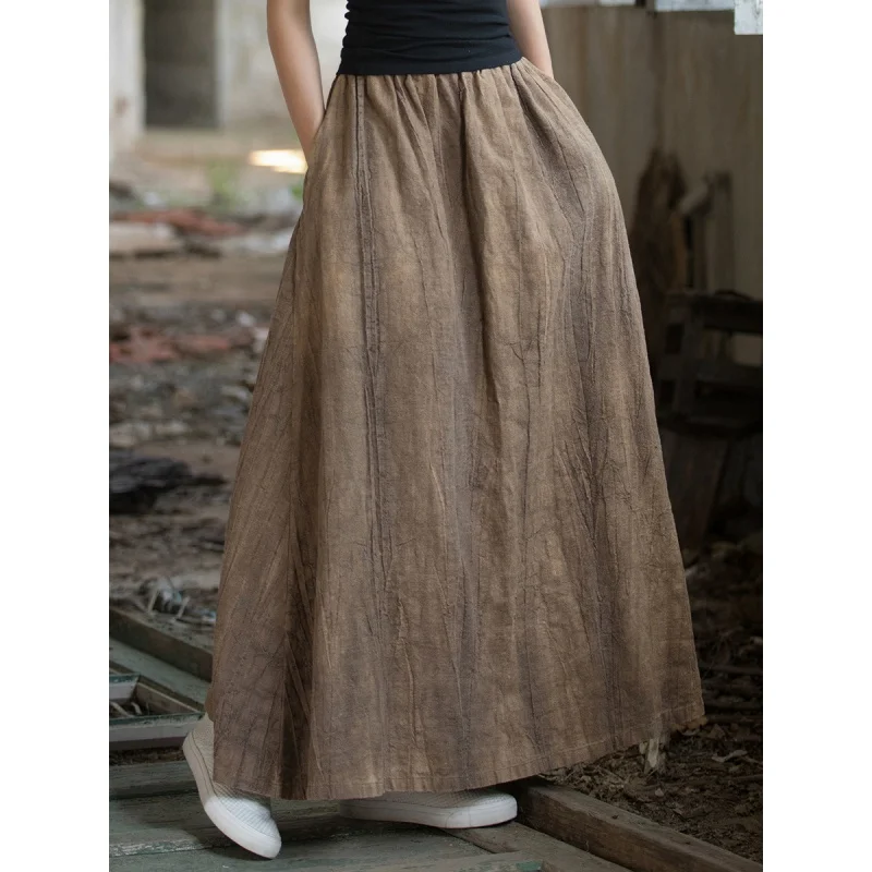 Ramie Tie-Dyed New Chinese Style 23 Summer Cotton and Linen Women's New Elastic Waist Long Wild Artistic Loose Skirt