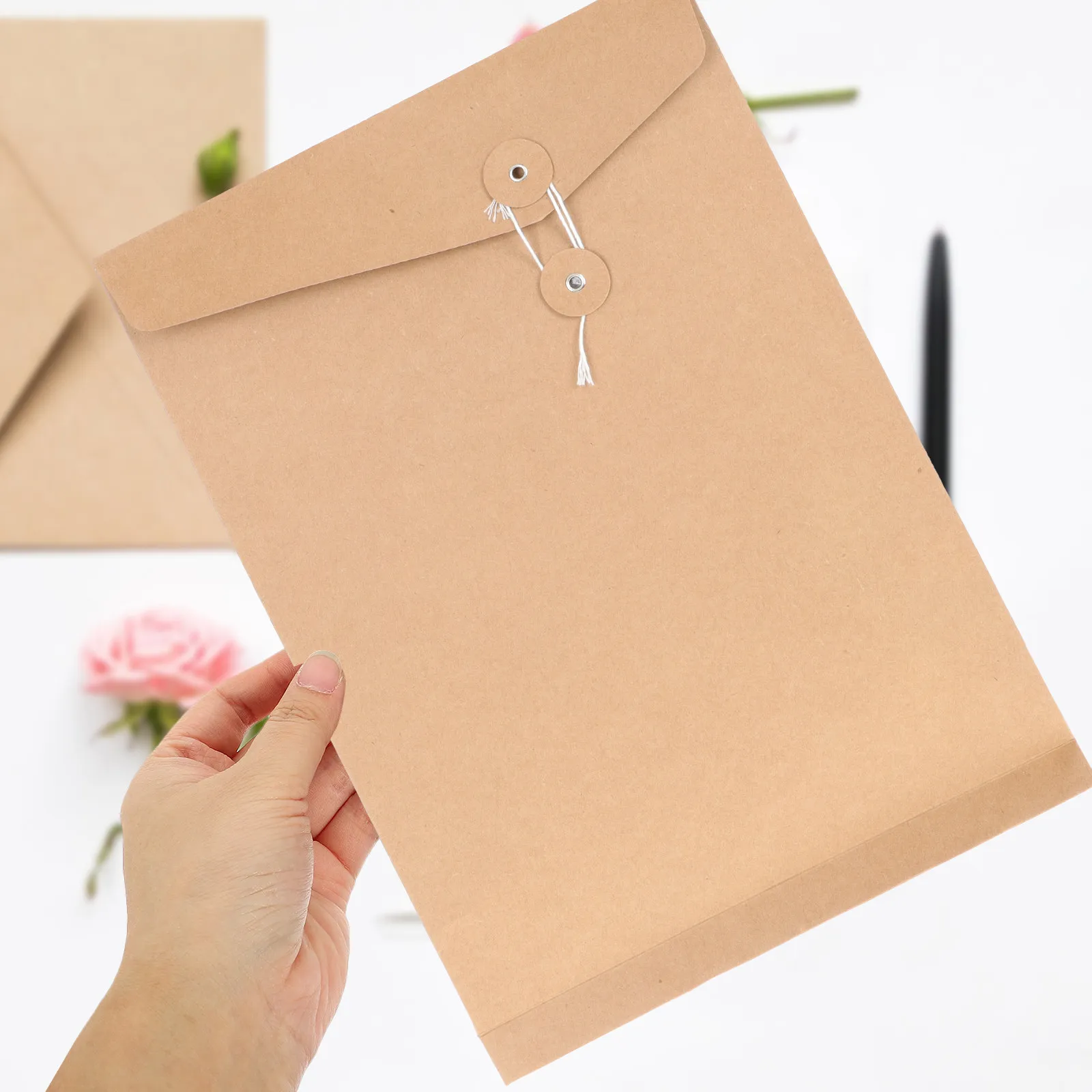10Pcs A4 Kraft Envelope String Tie Document Organizer Premium Kraft Paper File Envelope for Bills Invoices Papers Storage File