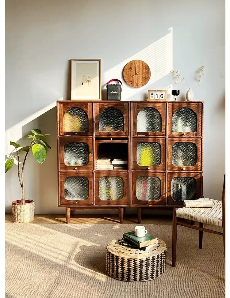 

Шкаф-витрина из цельного дерева, книжный шкаф, черный орех, гостиная, боковая аптечка в стиле ретро, комод для хранения