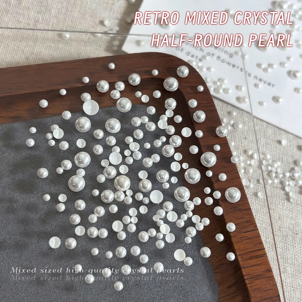 1 Caja de Adornos de Uñas de Perlas de Cristal Blancas Semicirculares, Tamaños Mixtos de 2-5 mm, Decoraciones de Uñas de Perlas de Lujo, Accesorios para Manicura DIY