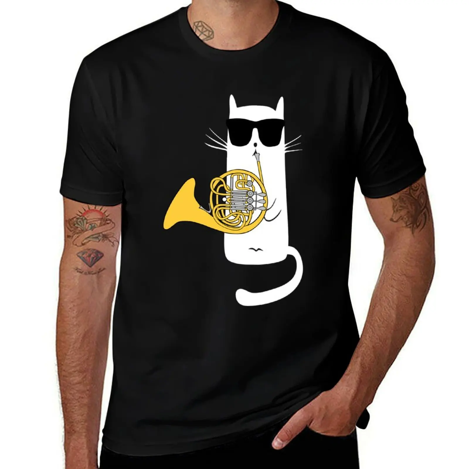 

Funny Cat Wearing Sunglasses Playing French Horn Classic T-Shirt Plus Size Lightweight Tee Shirt