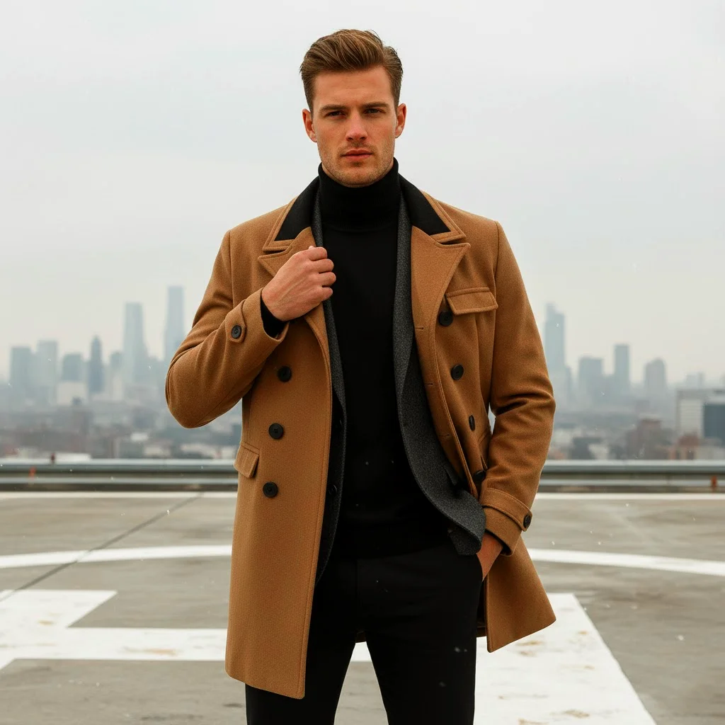 Men's Fashion Double Breasted Woolen Coat Thickened Warm Jacket Multi Color Size Available for Winter