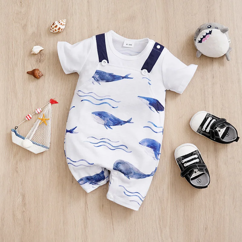 

Summer New Newborn Bodysuit Fake Two Piece Strap Pants Cute Whale Full Print Comfortable and Breathable Baby Boys and Girls