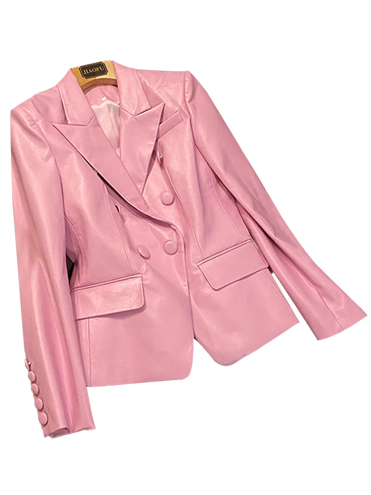 Lautaro Spring Stylish Short Pink Soft Pu Leather Blazer Long Sleeve Slim Fit Luxury Jackets for Women 2022 Elegant Fashion 5xl