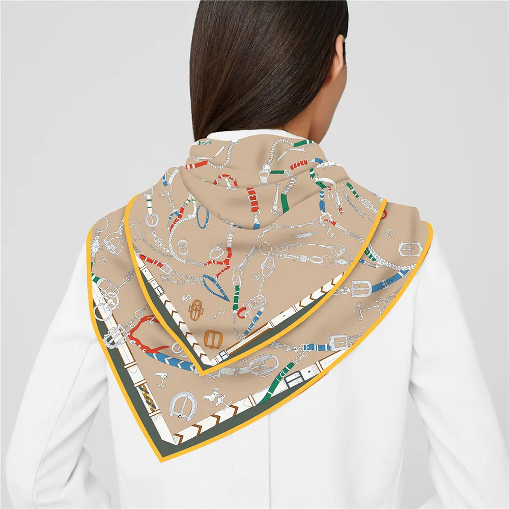 New 90cm Twill Silk Scarf Shawl Luxury Brand Chain Print Square Scarf Women Hijabs Bandana Foulard Neckerchief Head Scarves image 6