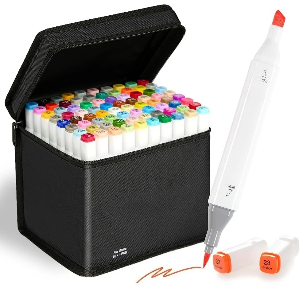 

Набор спиртовых маркеров с двойным наконечником (кисть и долото), 80+1 цвет, в футляре, для взрослых художников