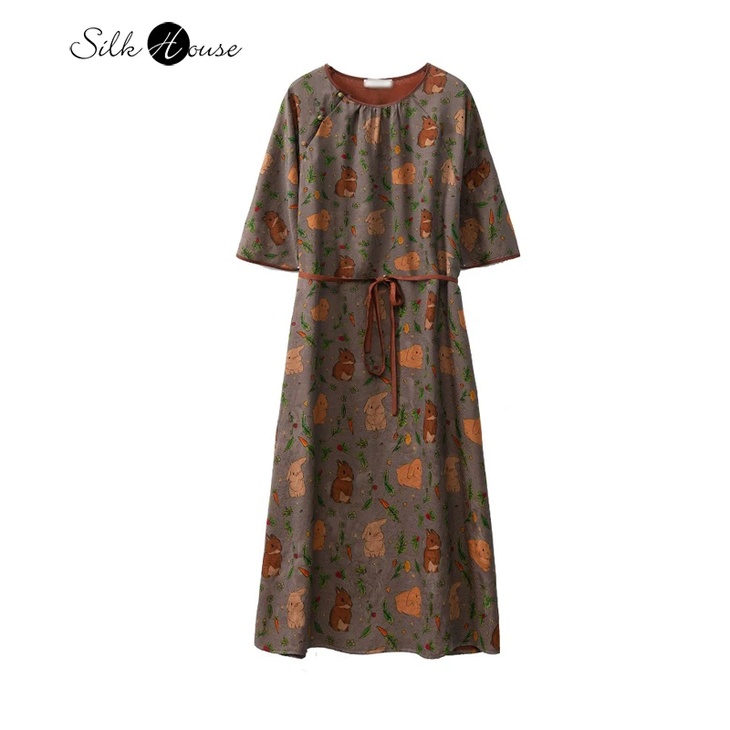 

2025 Women's Fashion Early Autumn New 100% Natural Mulberry Silk Gambiered Guangdong Gauze Round Neck Mid Sleeve Printed Dress