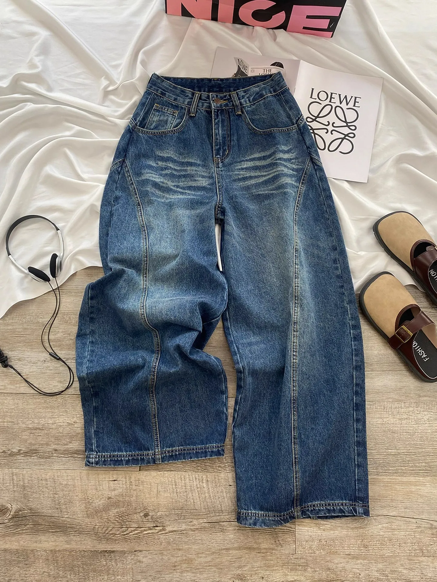 

Spring Autumn Fashion Boyfriend Style Jeans Women High Waist Washed Splicing Denim Pants American Casual Fashion Loose Trousers