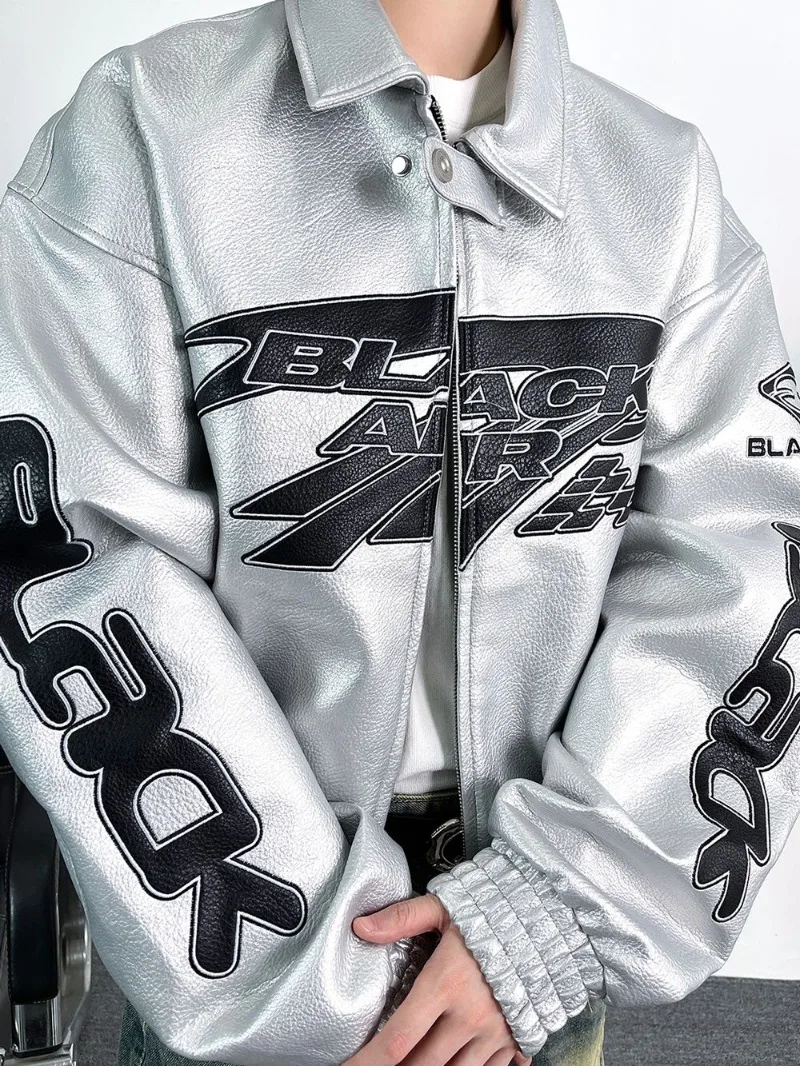 

Винтажные мужские куртки из искусственной кожи с вышивкой, свободные мотоциклетные куртки, гоночные пальто, кожаные ветровки, мужские бомберы