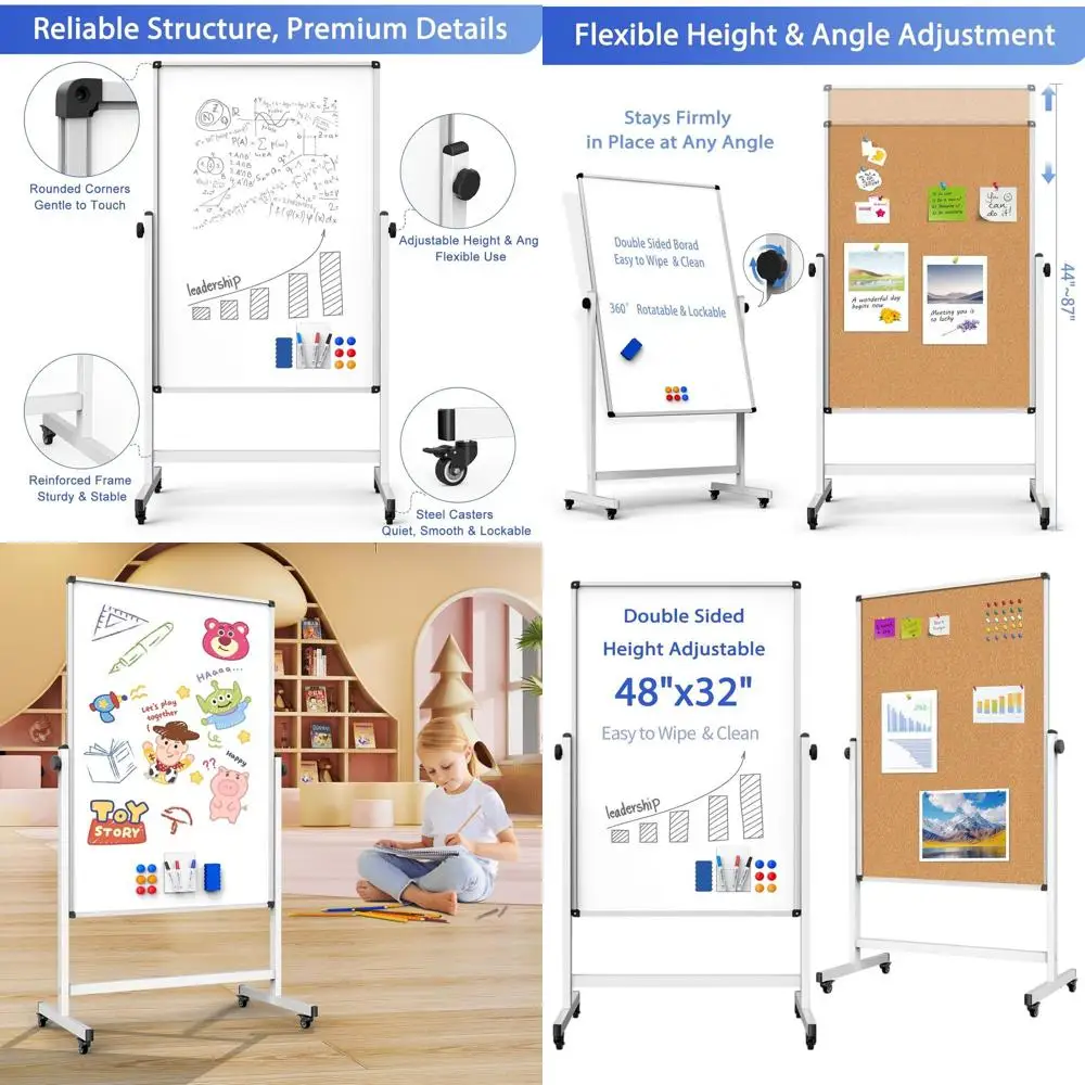

Adjustable Height Mobile Whiteboard and Corkboard, 48 x 32 Magnetic Dry Erase, Rolling Board for Office and Classroom Use