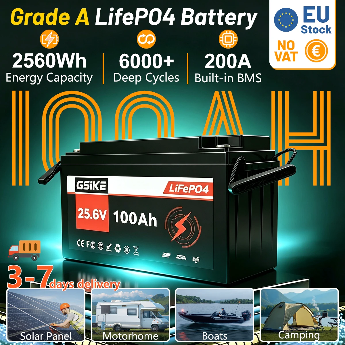 Batteria Gsike 24V 100Ah Lifepo4 25.6V 2560Wh a Ciclo Profondo 100A BMS 6000+ Cicli per Solare, Camper, Nautica, Off-Grid, Accumulo Energetico Domestico, Disponibile in Magazzino UE