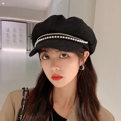 New Fashion Rhinestone Chain Beret Hat Women British Retro Cowboy Newsboy Hat Flat Top Korean Version Wild Cap