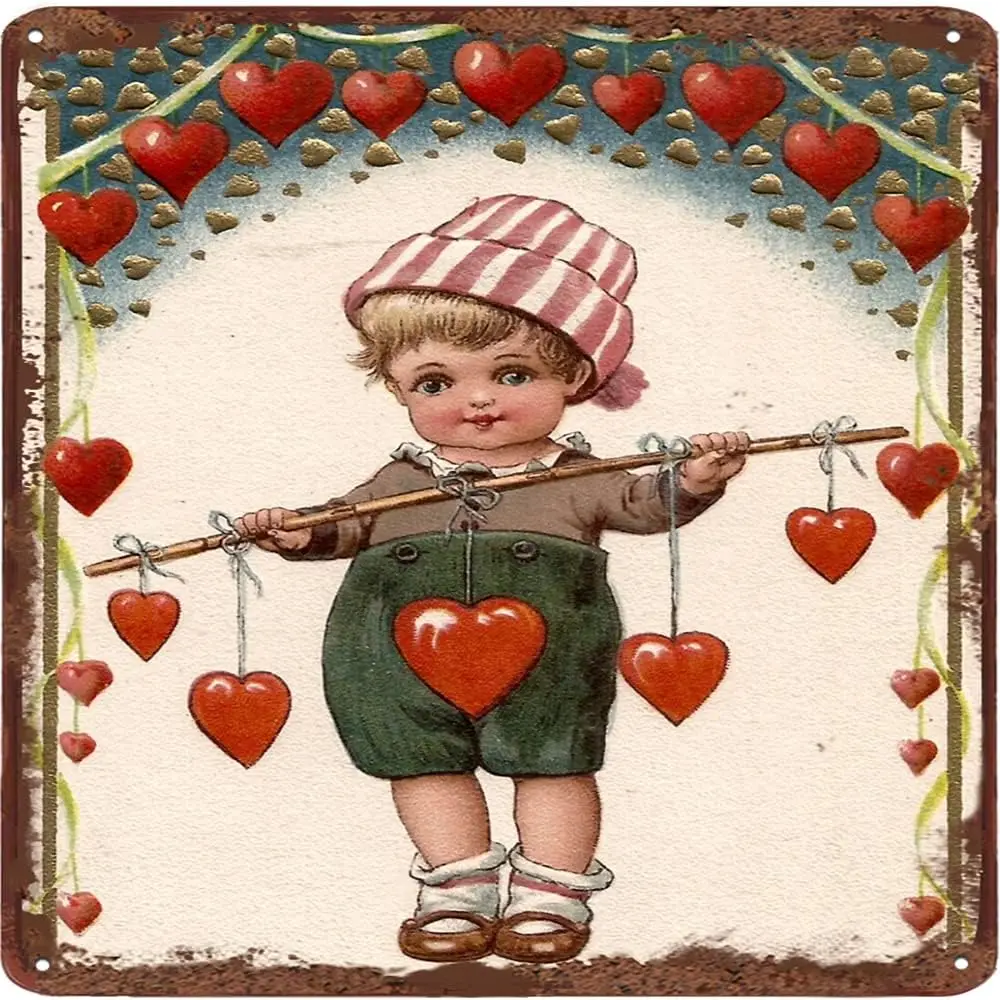 Dreacoss cute boy with hearts Vintage Tin Sign Valentine Metal Valentine's Day Gift Wall Decor For Home Office Bedroom Livin