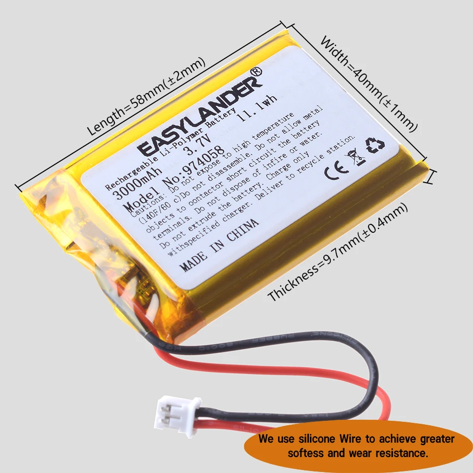 5Pcs/Lot Silicone Wires 974058 3.7V 3000mAh JST2.0 2P JST1.5 2P JST1.25  Rechargeable Li-Polymer Li-ion Battery  Lipo Batteries