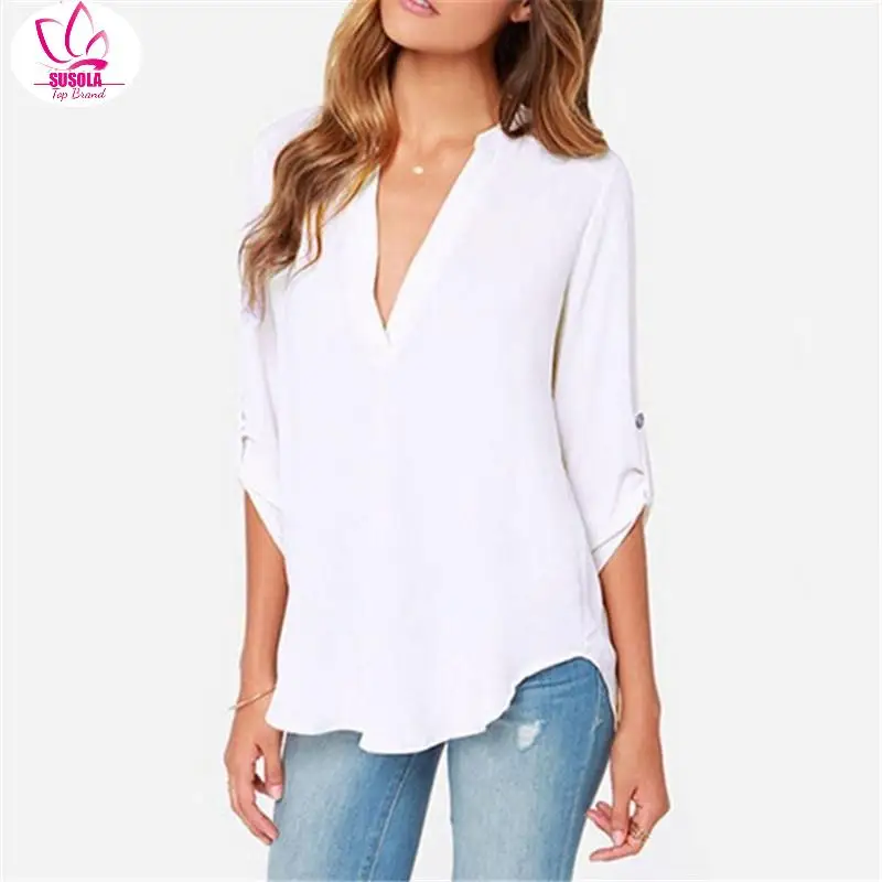 SUSOLA Lady Spring Summer Loose Blouse Shirts Casual Long Sleeve Women's Tops V Neck Collar Female Clothes Blusas