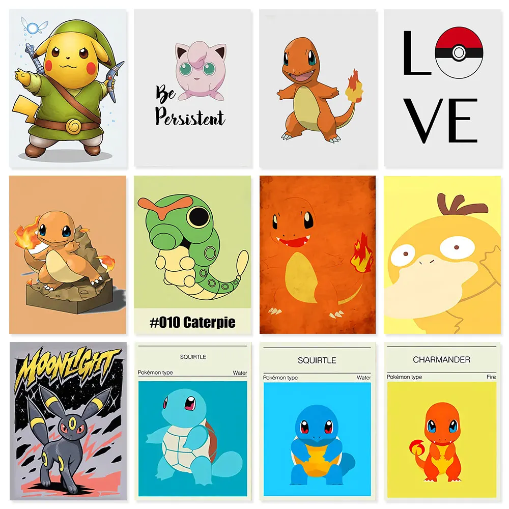 Anime Pokemon Peripherals Posters Squirtle Charmander Kawaii Picture Art Vintage Canvas Painting for Bedroom Wall Decor Gifts