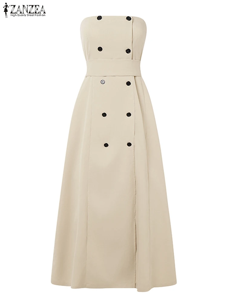 ZANZEA Women Strapless Maxi Dress Summer Street Sleeveless Party Vestido 2025 Casual Buttons Waistband Swing Sundress Loose Robe