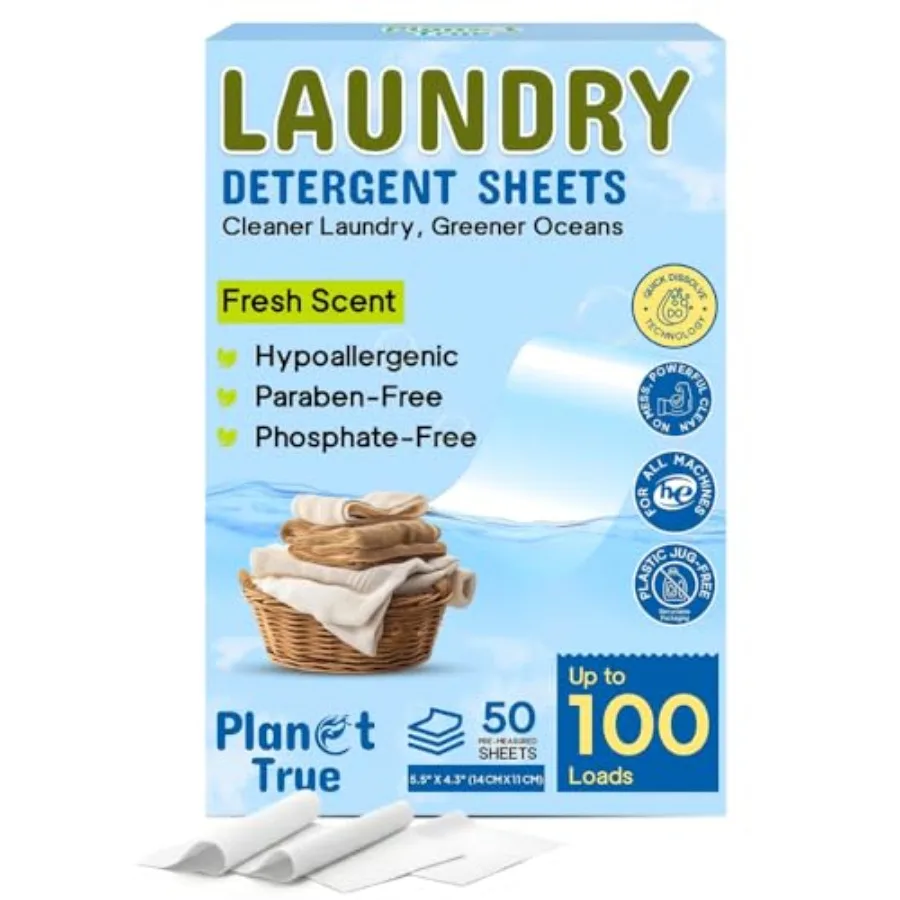 

Eco-Friendly Laundry Detergent Sheets, 100 Loads 50 Sheets Fresh Scent, Concentrated Laundry Sheet Detergent, Quick-Dissoe Plas