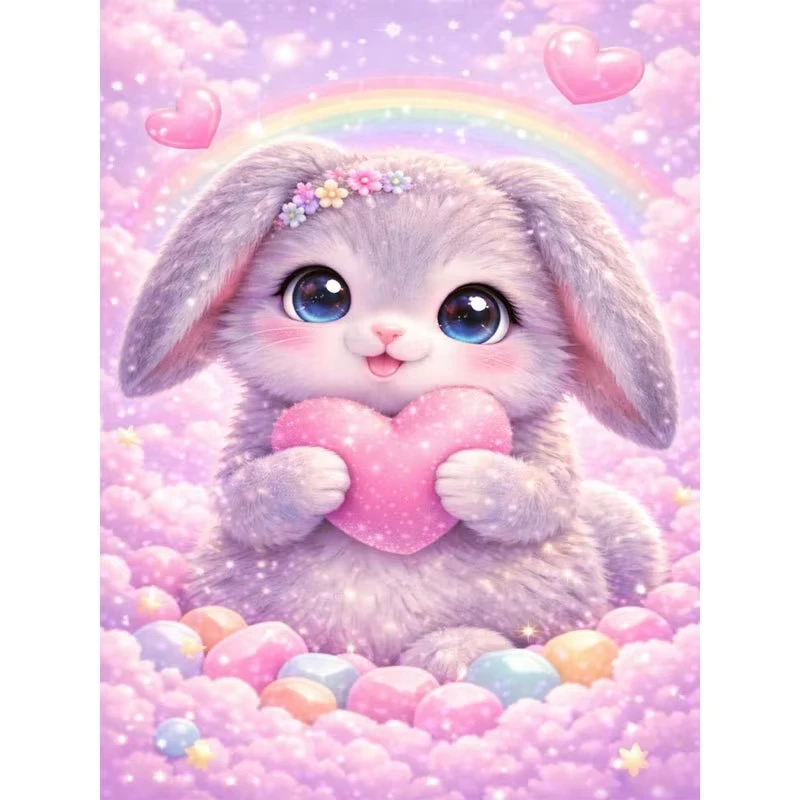 5D Niedliches Graues Kaninchen-Herz Diamant-Malerei Regenbogen-Wolken-Hintergrund Rosa Blaue Farbe Traumhafte Dekoration Ungerahmt