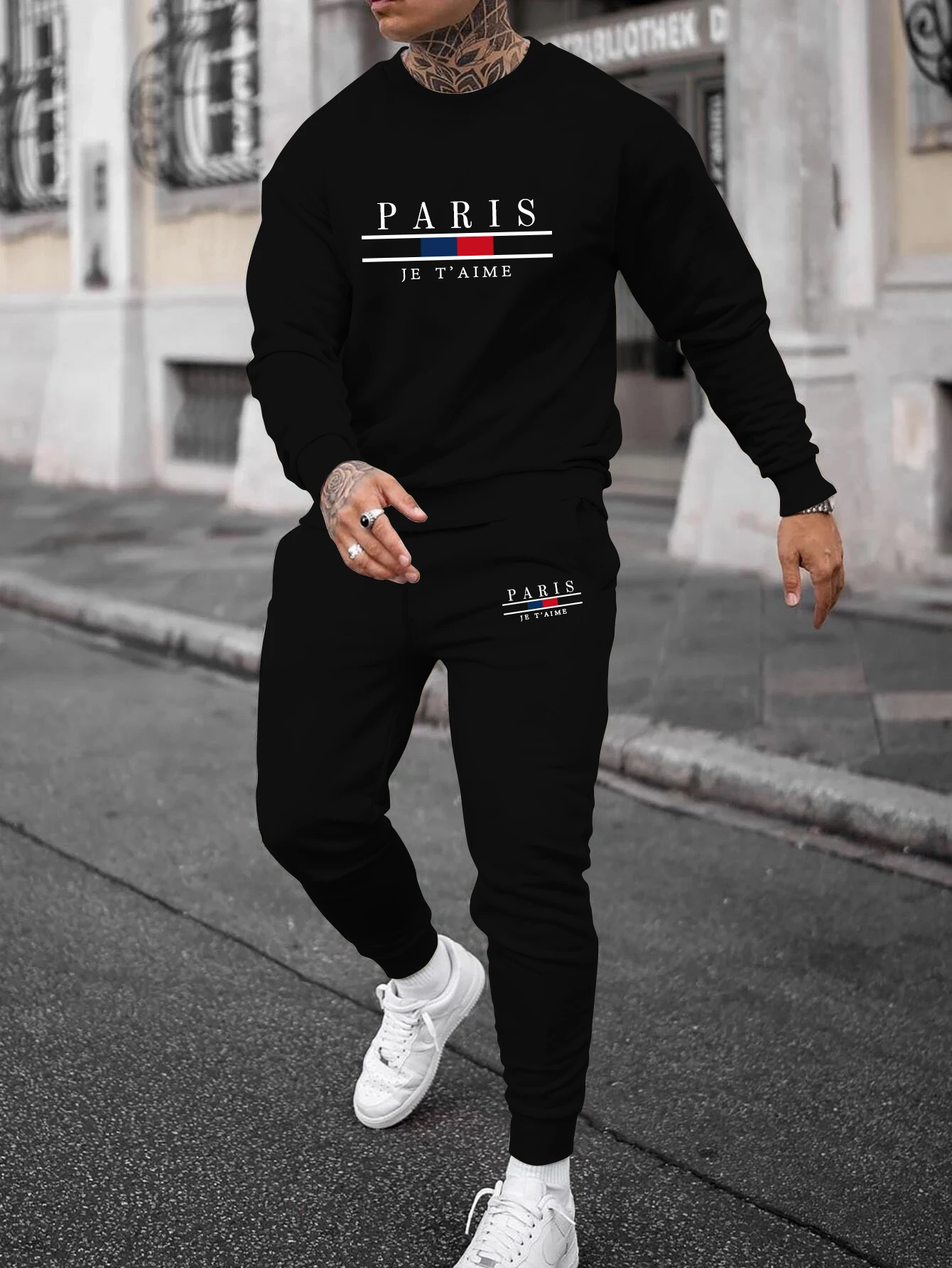 Autumn Trendy New Sweatshirt Sweatpants Set Men\'s Loose Casual Fit Paris Letter Printed Hundred Long Sleeve 2 Pieces Set