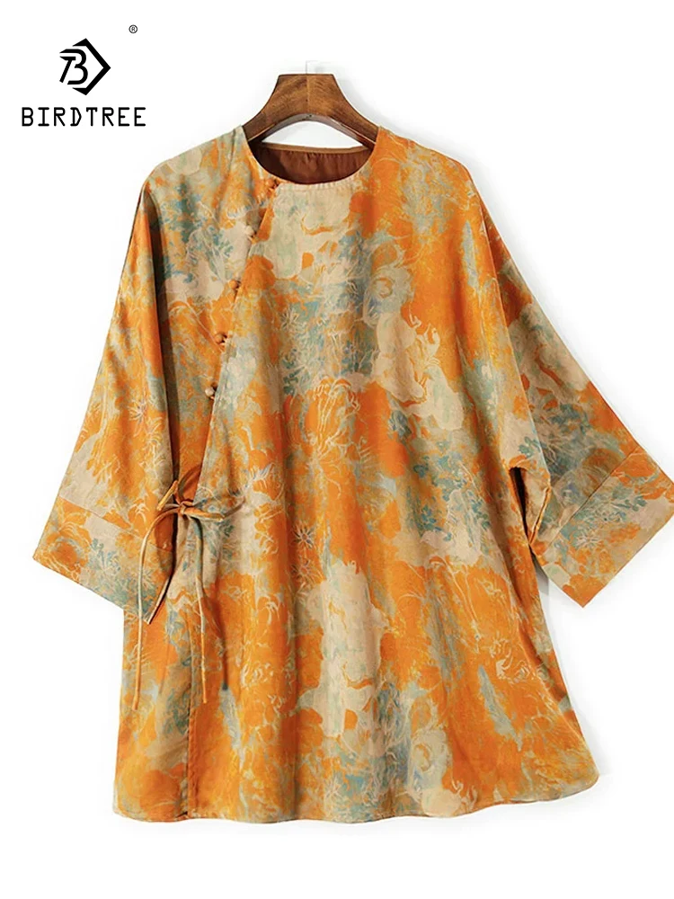 

BirdTree-32MM Watered Gauze Silk Elegant Shirt, Women O Neck Jacquard Button, Retro Commute Loose Blouse, 2025 Autumn T59163CC