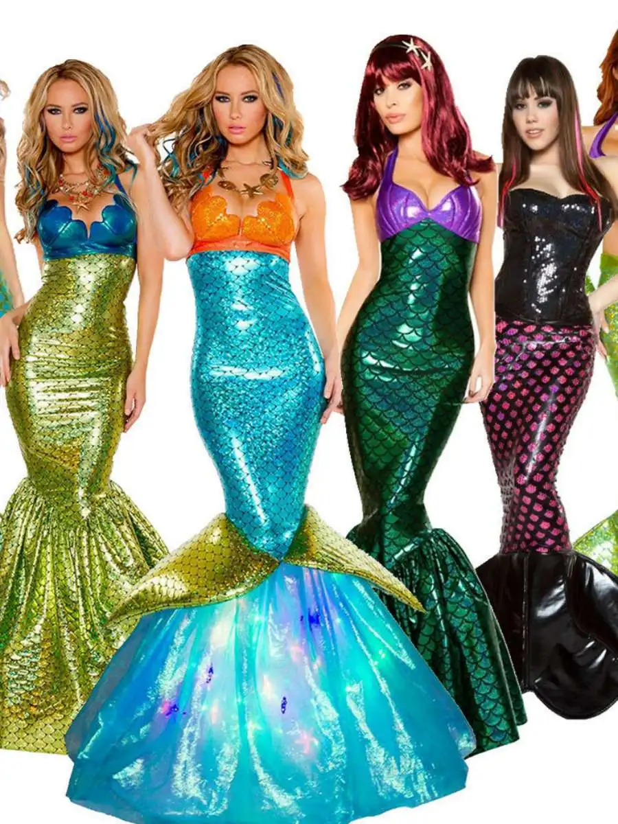 

Adult Sexy Mermaid Princess Dress Sparkling Role Play Costume Performances Evening Gown Wrap Chest Outfit Halloween Party