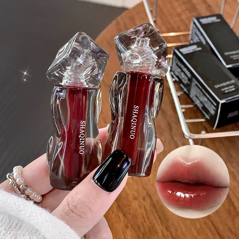 SHAQINUO Mirror Jelly Lip Glaze Dark Red Waterproof Water-light Lip Gloss Lasting Moisturising Grape Purple Lipstick Tint Makeup