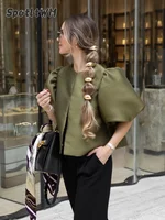 Spring Summer New Women's Fashion Casual Shirt Satin Bubble Sleeves Round Neck Loose Short Top Female Elegant Solid Blouses 2